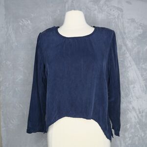RABBIT DESIGNS Dark Blue Long Sleeve Top Size 8/M Bemberg Asymmetrical Hem Boxy